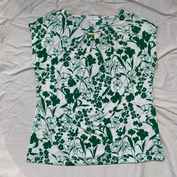 Liz Claiborne Early 2000's Whimsical White Green Gold Metal Neck Floral Blouse M - Picture 1 of 5